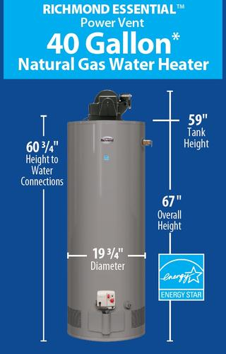 Richmond Essential 40 Gallon Tall Power Vent 6 Year Natural Gas Water 