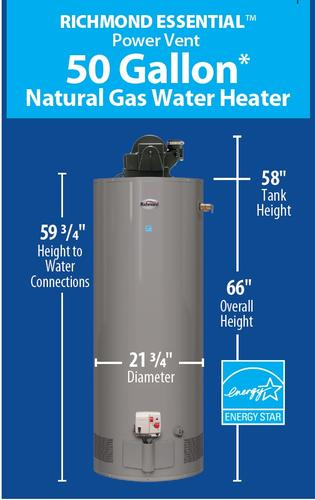 Richmond Essential 50 Gallon Tall Power Vent 6 Year Natural Gas Water 