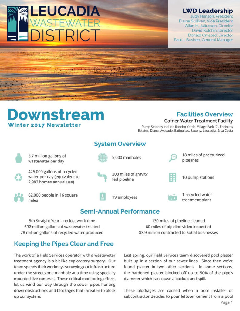 Leucadia Wastewater District Winter 2017 Newsletter By Rising Tide 