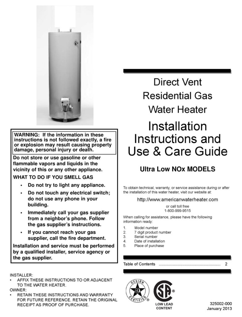 AMERICAN WATER HEATER ULTRA LOW NOX MODELS INSTALLATION INSTRUCTIONS 
